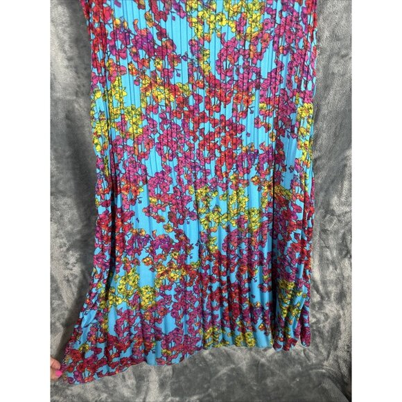 New Directions Dress Womens A Line Turquoise Blue Floral Pleated Short Sleeve - Picture 3 of 14